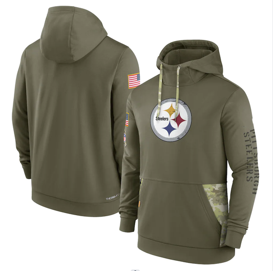 Men's Pittsburgh Steelers Olive 2022 Salute to Service Therma Performance Pullover Hoodie1