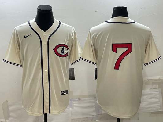 Men's Chicago Cubs Dansby Swanson #7 Cream Player Name Jersey1