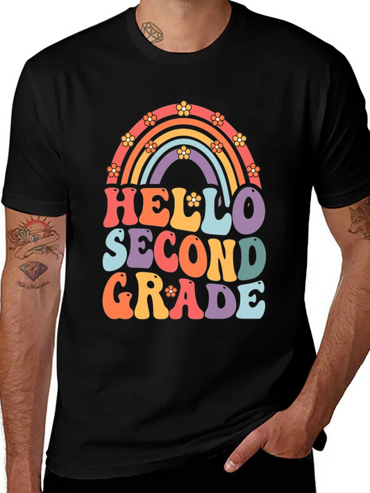Hello Second Grade Retro Rainbow Shirt